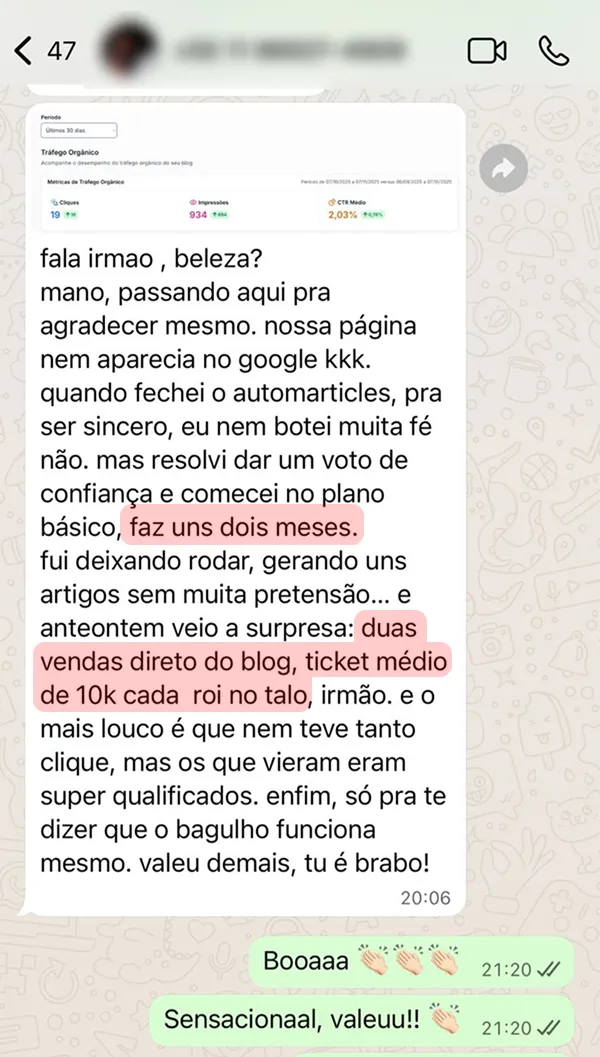 Duas vendas diretas do blog, com ticket médio de 10 mil
