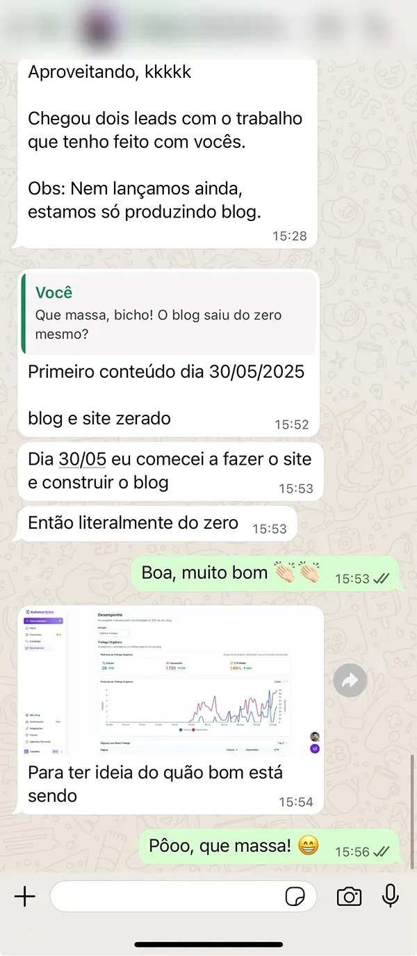 Cliente: dois leads do zero, só produzindo o blog, antes mesmo de lançar.
