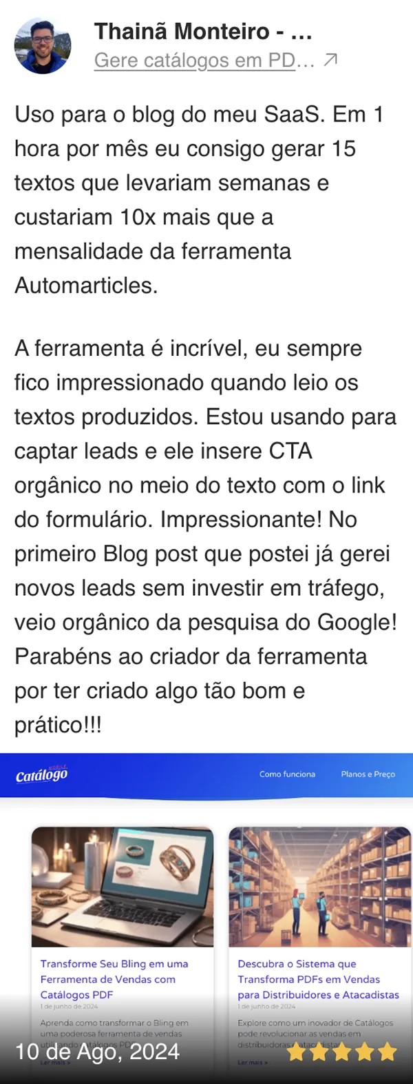 Thainá Monteiro: usa o blog pro SaaS dela e gerou leads orgânicos do Google já no primeiro post.