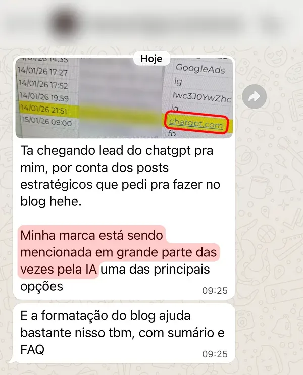 Vinícius: leads chegando do ChatGPT e marca citada pela IA como uma das principais opções.
