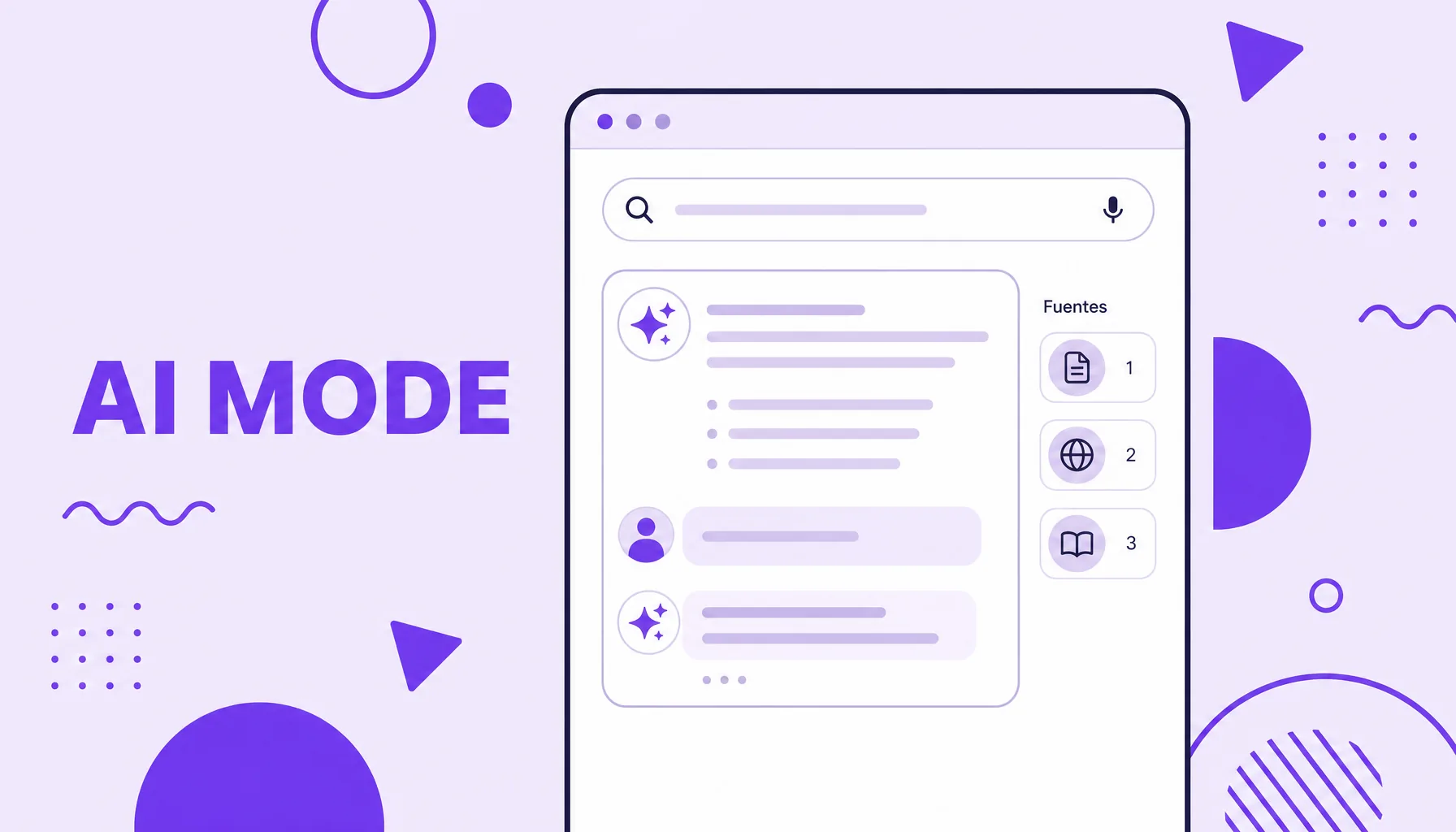 Ilustración de una pantalla de búsqueda de Google en formato de conversación, con una caja de respuesta de IA y fuentes citadas, etiquetada AI MODE.