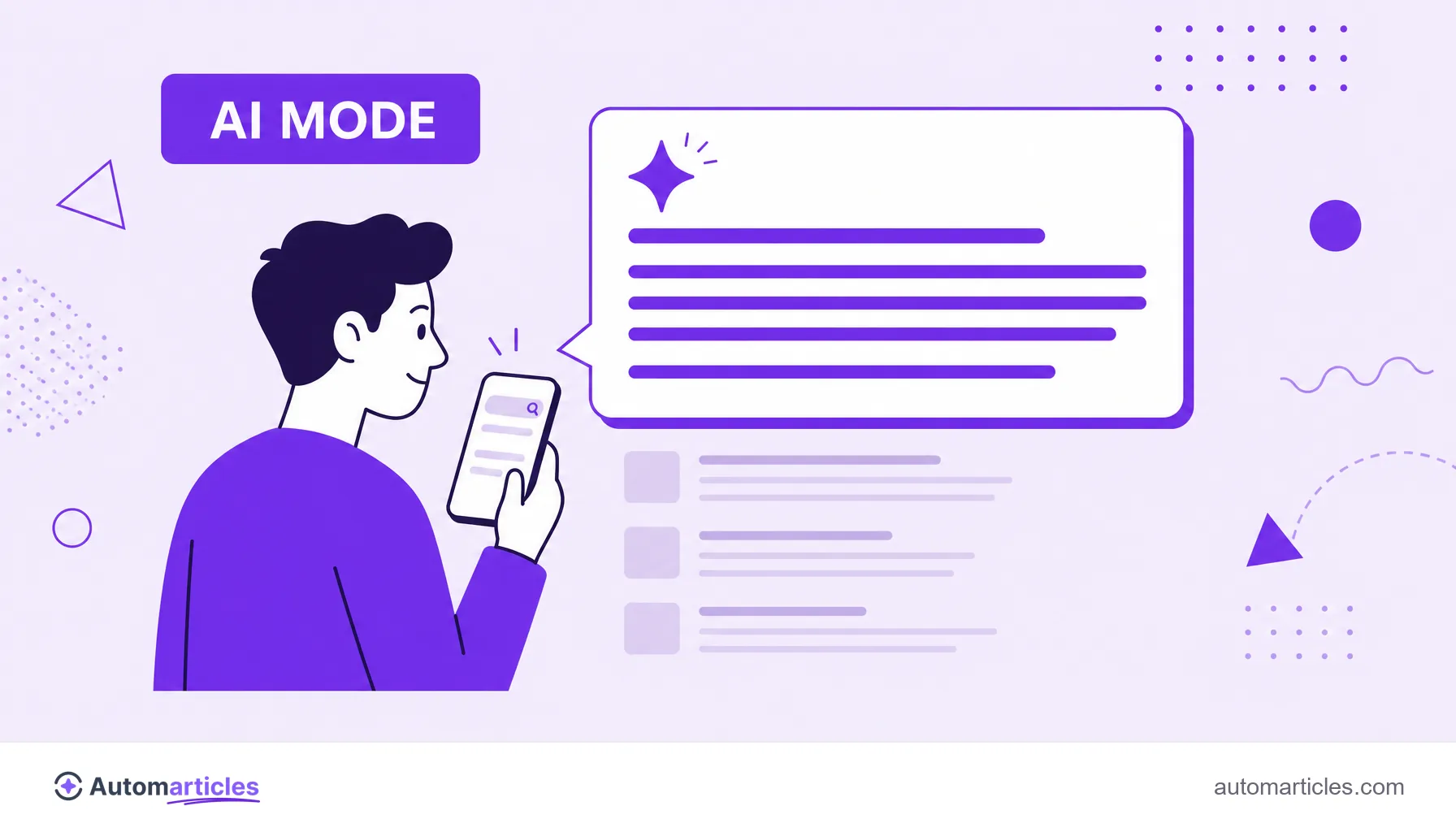 Illustration of an AI answer in AI Mode answering directly, with the faded traditional links below getting fewer clicks.
