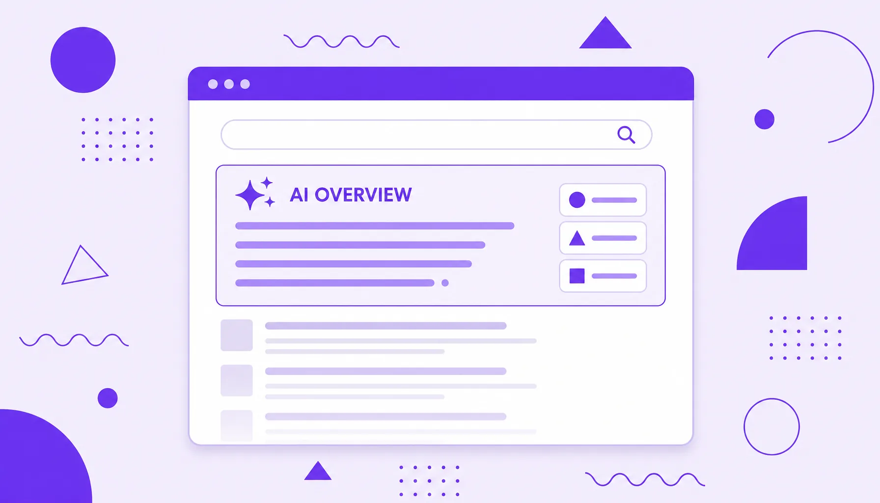 Illustration of a highlighted AI answer box (AI Overview) at the top of a search, above the traditional links.