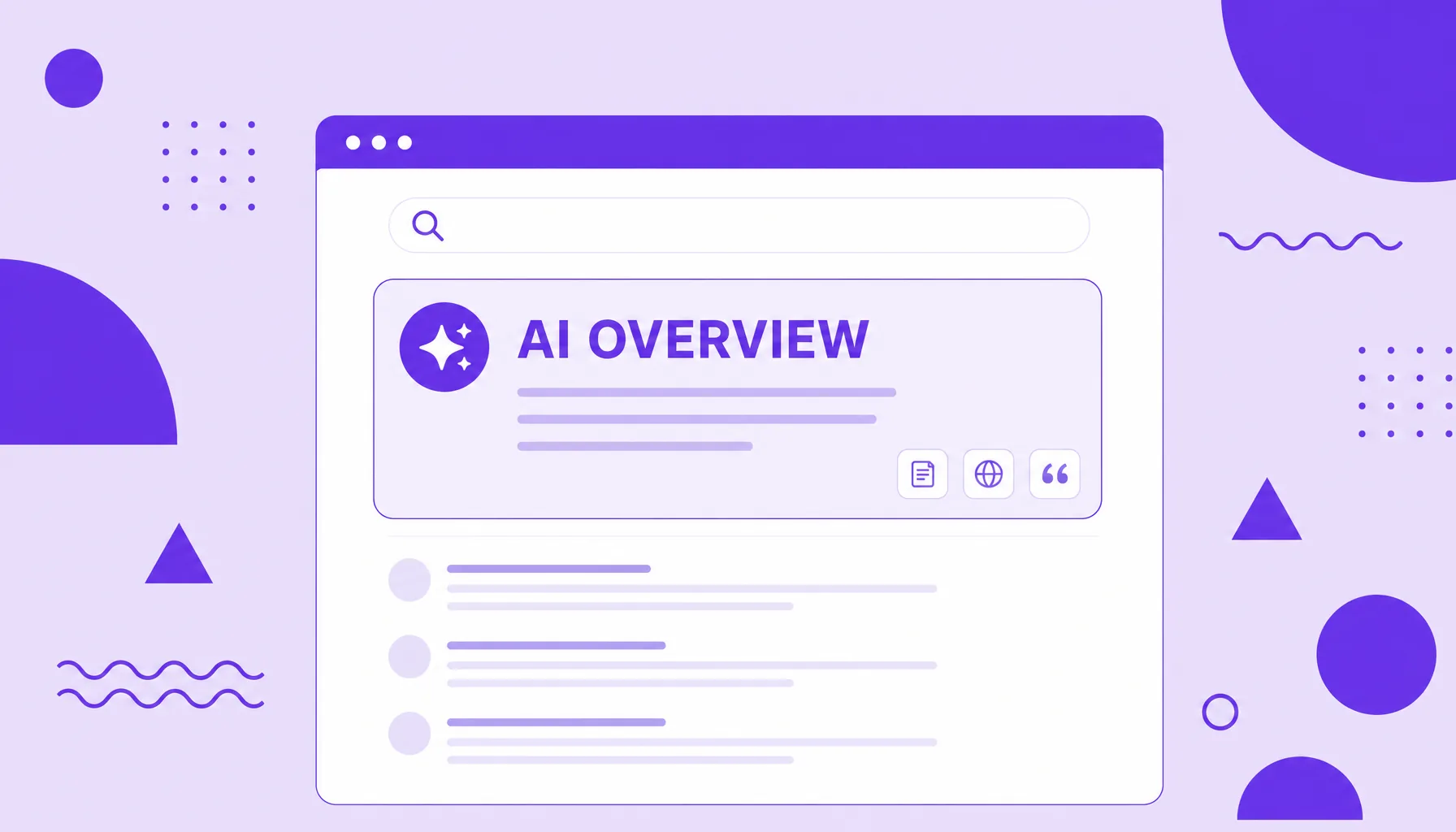 Ilustración de una caja de respuesta de IA (AI Overview) destacada en lo alto de una búsqueda, por encima de los enlaces tradicionales.