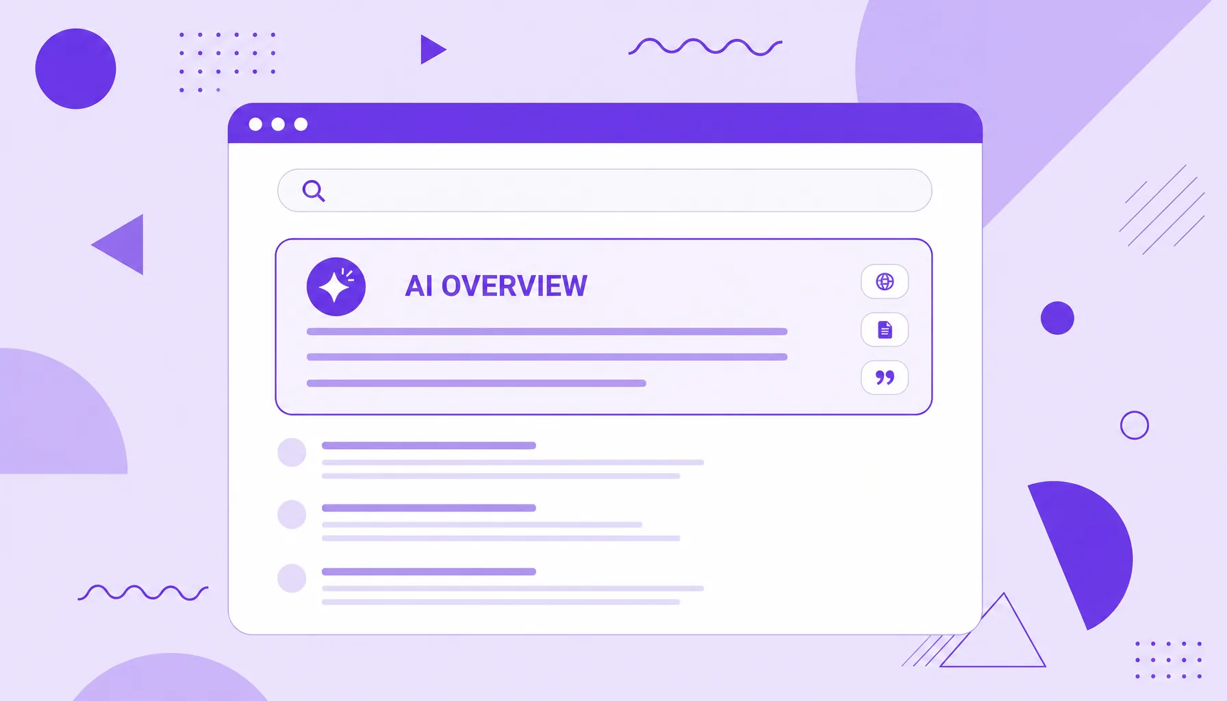 Ilustração de uma caixa de resposta de IA (AI Overview) em destaque no topo de uma busca, acima dos links tradicionais.
