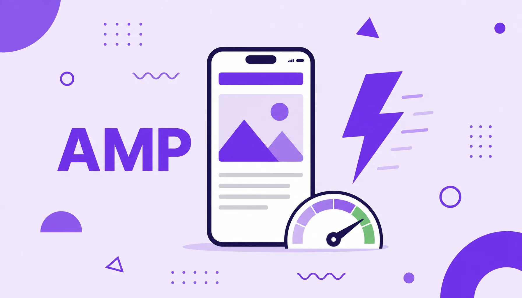 Illustration of a smartphone showing a lightweight web page loading fast, with a speed lightning bolt, representing AMP.