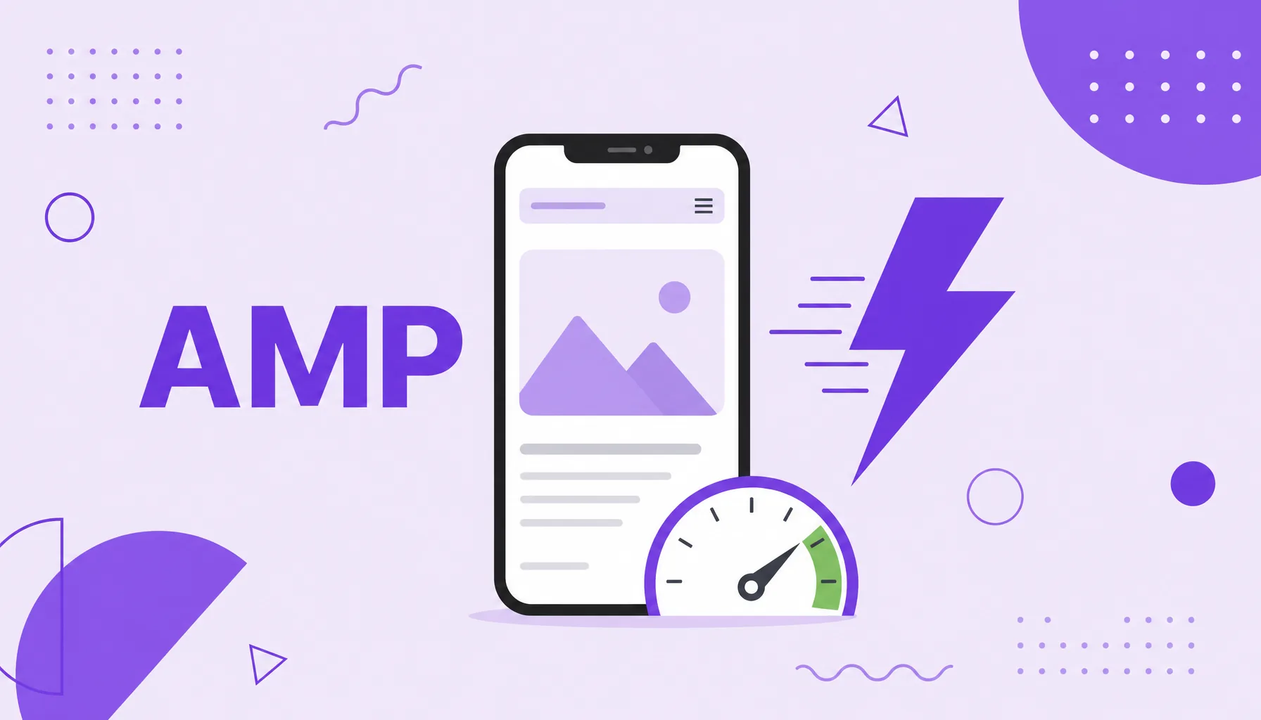 Ilustración de un smartphone que muestra una página web ligera cargando rápido, con un rayo de velocidad, que representa AMP.