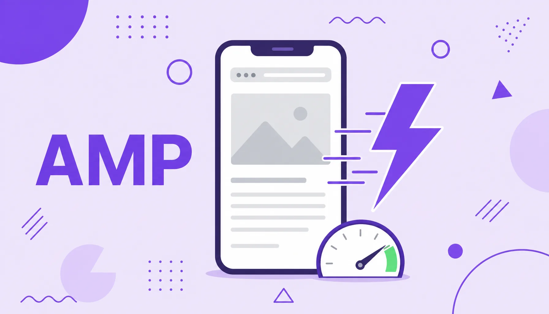 Ilustração de um smartphone mostrando uma página web leve carregando rápido, com um raio de velocidade, representando o AMP.
