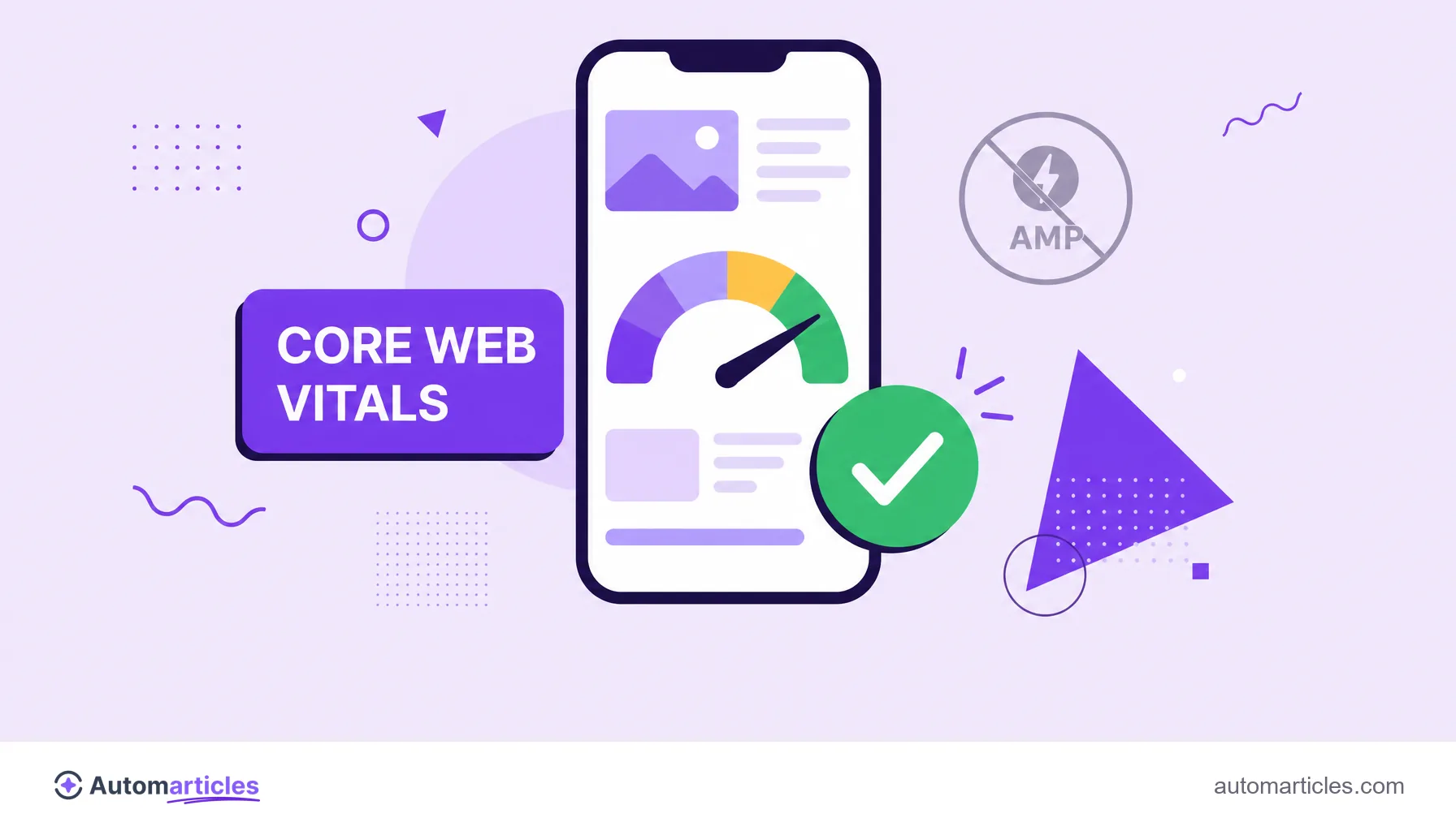 Ilustración de un móvil con un medidor de rendimiento en verde, que representa una página responsive rápida que pasa los Core Web Vitals, sin depender de AMP.