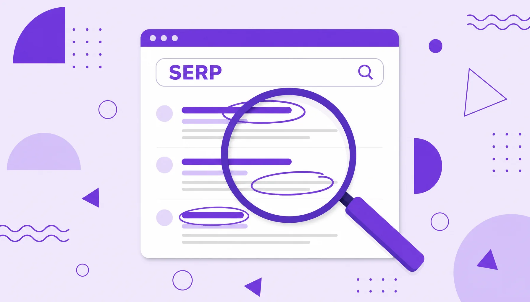 Illustration of a magnifying glass examining a search results page with highlighted elements, representing SERP analysis.