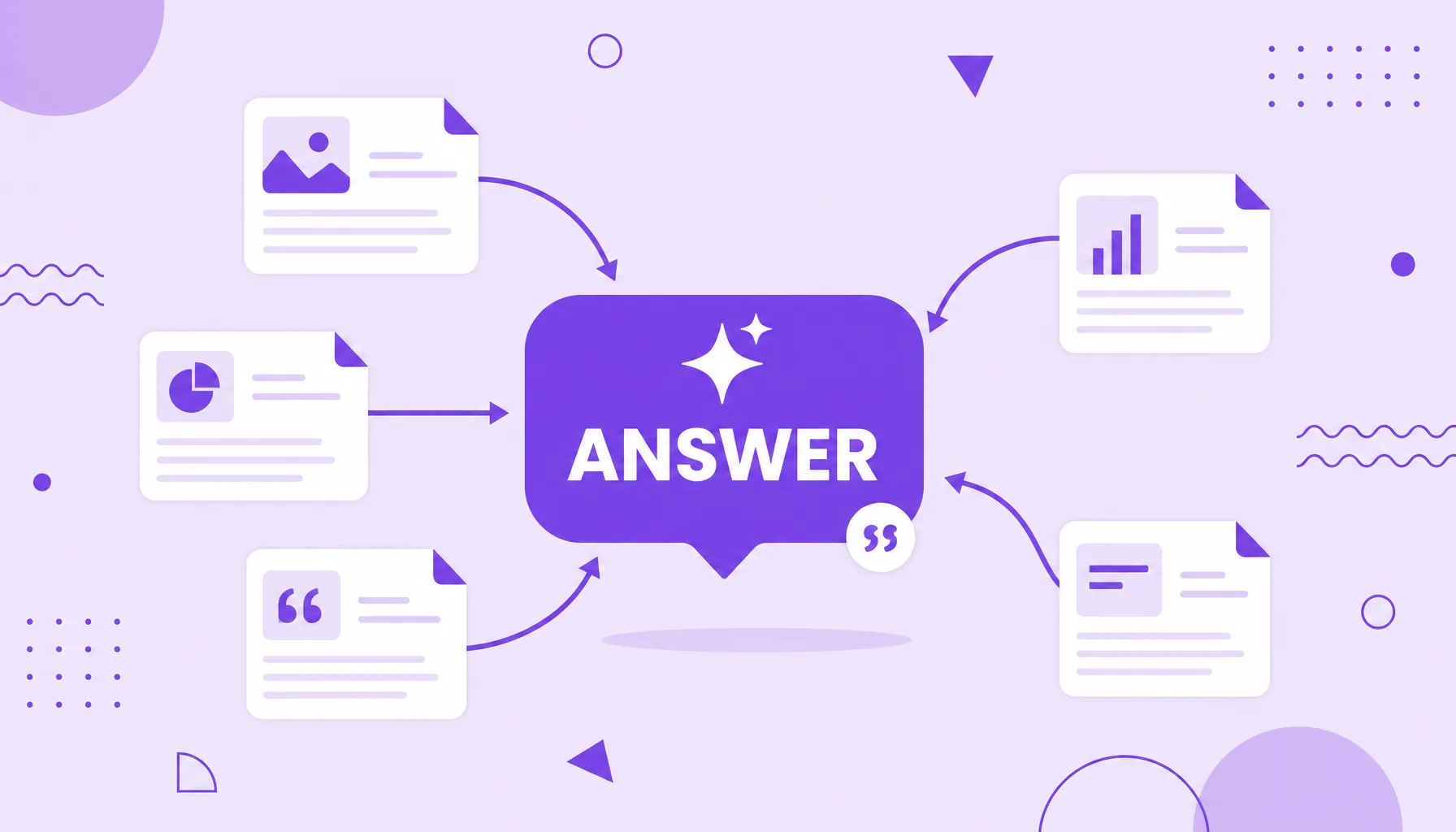 Illustration of a large AI answer bubble gathering several sources into a single answer, representing an answer engine.