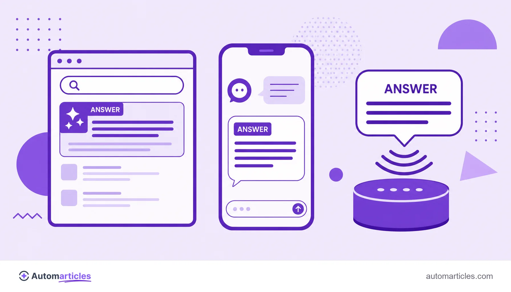 Illustration of three answer engines (search, chat and voice) delivering direct answers, representing the examples of answer engine.