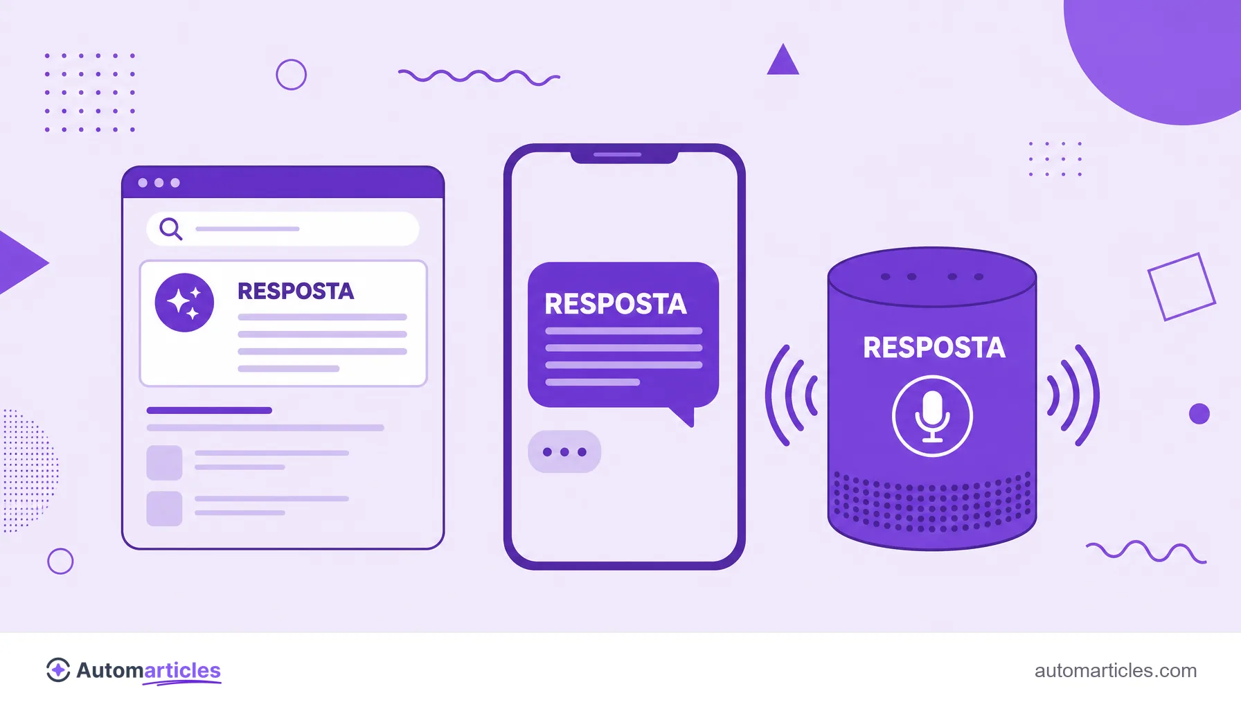 Ilustração de três motores de resposta (busca, chat e voz) entregando respostas diretas, representando os exemplos de answer engine.