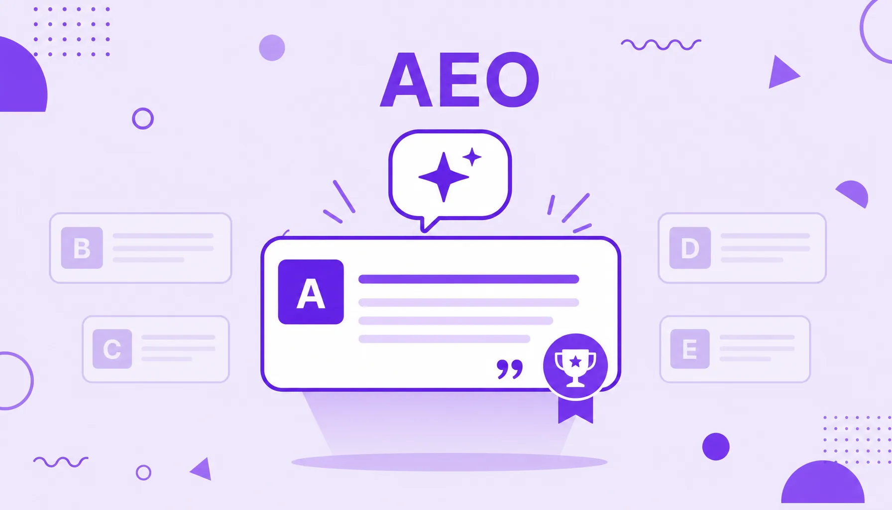 Illustration of an AI answer engine delivering a single answer with a citation mark and a chosen source badge, representing AEO.