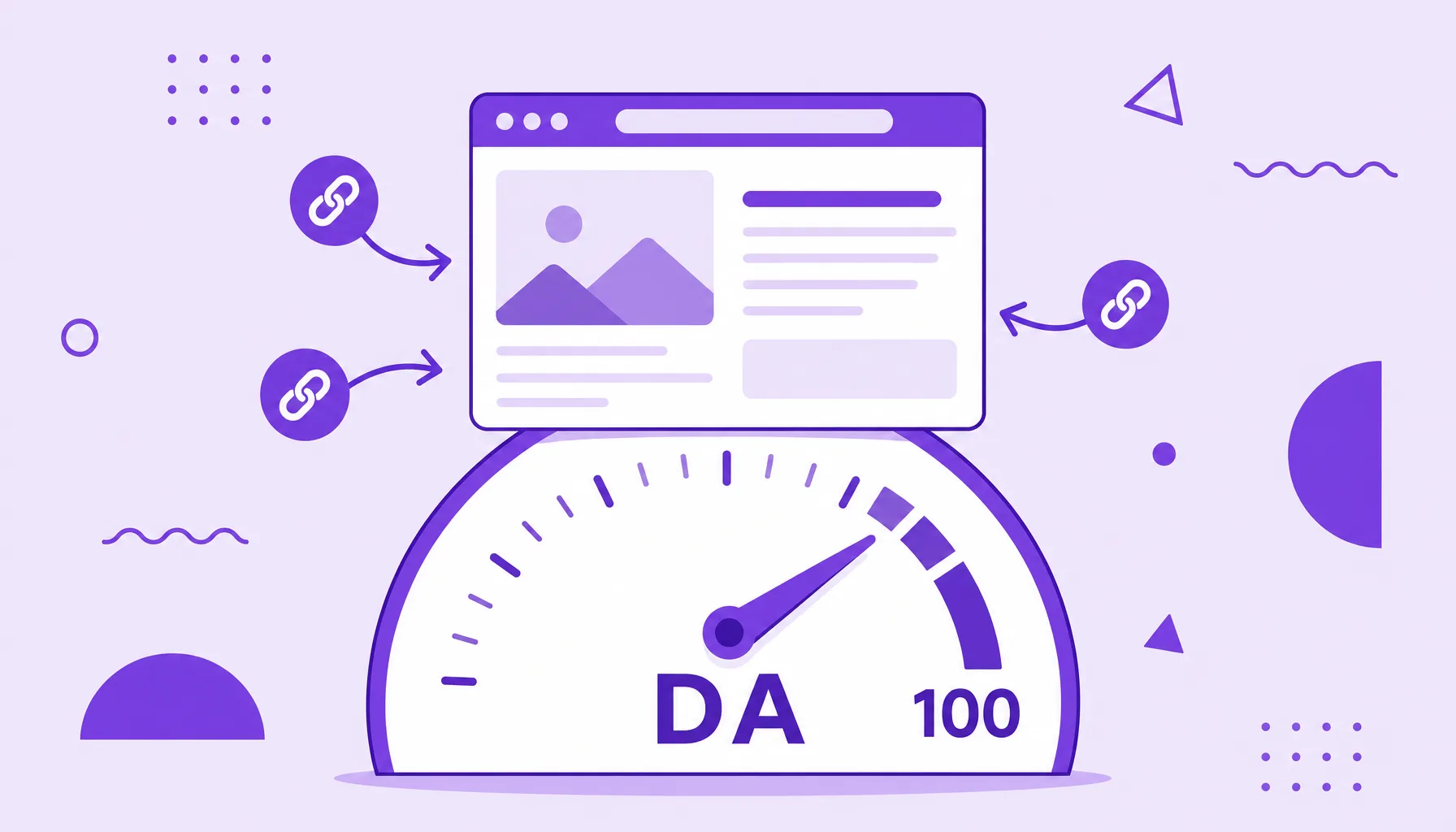 Illustration of a website on a speedometer-like gauge pointing to a high score, with link arrows, representing domain authority.