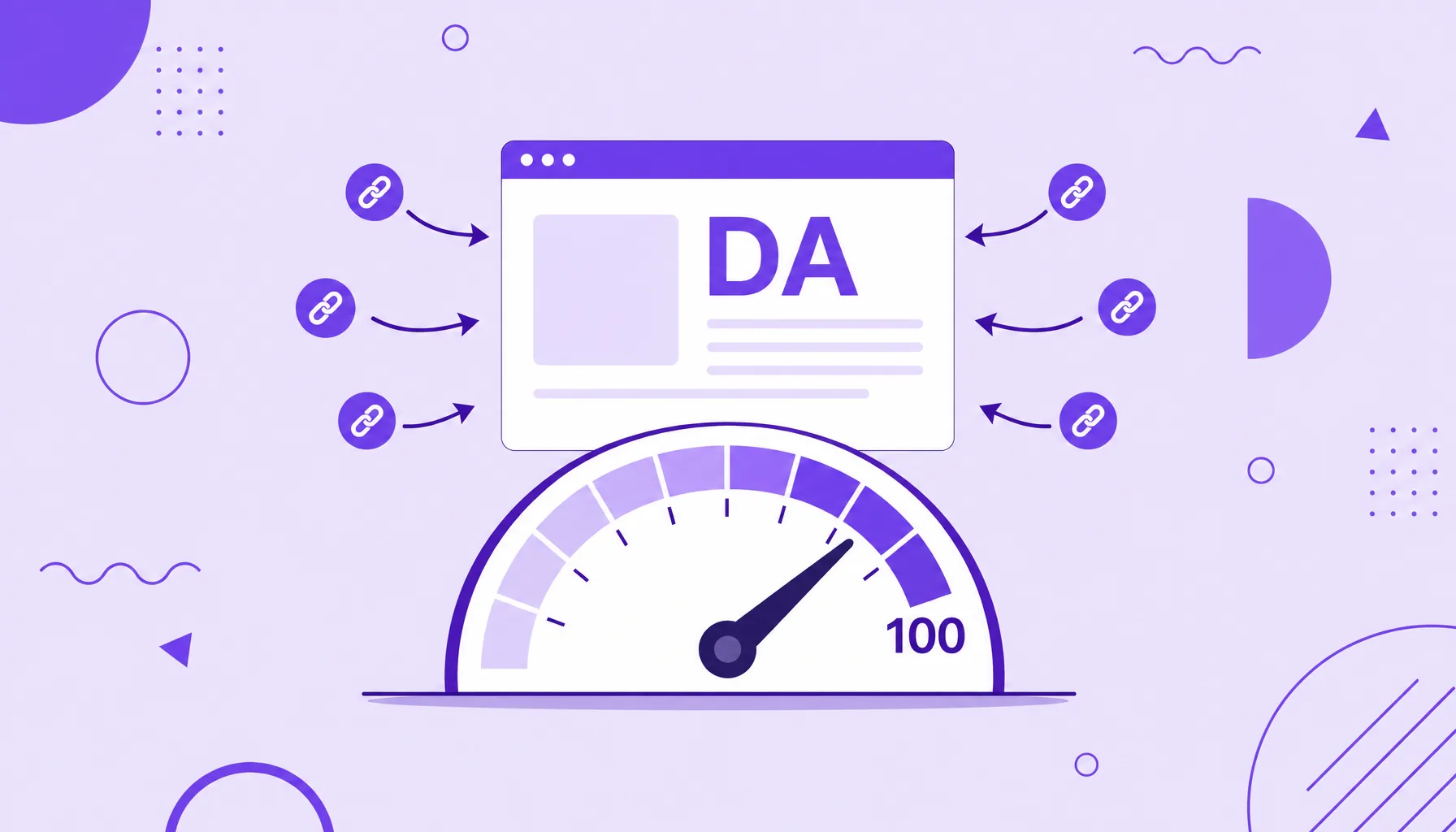 Ilustración de un sitio web sobre un medidor tipo velocímetro que apunta a una nota alta, con flechas de enlaces, que representa la autoridad de dominio.