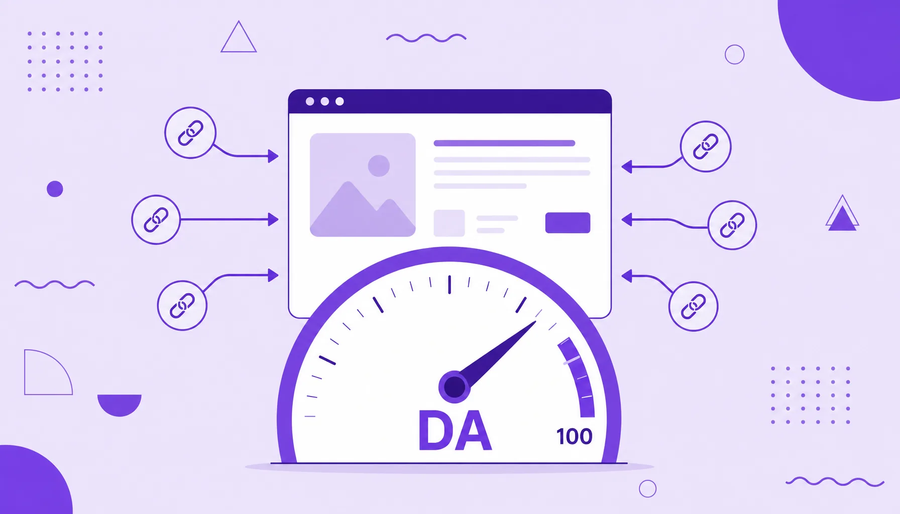 Ilustração de um site sobre um medidor tipo velocímetro apontando para uma nota alta, com setas de links, representando a autoridade de domínio.