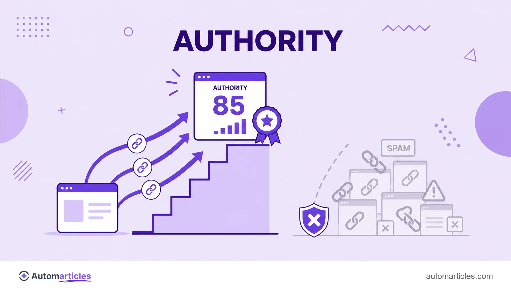 Illustration of a site climbing in authority pulled by strong quality links, while spam links are blocked by a shield.