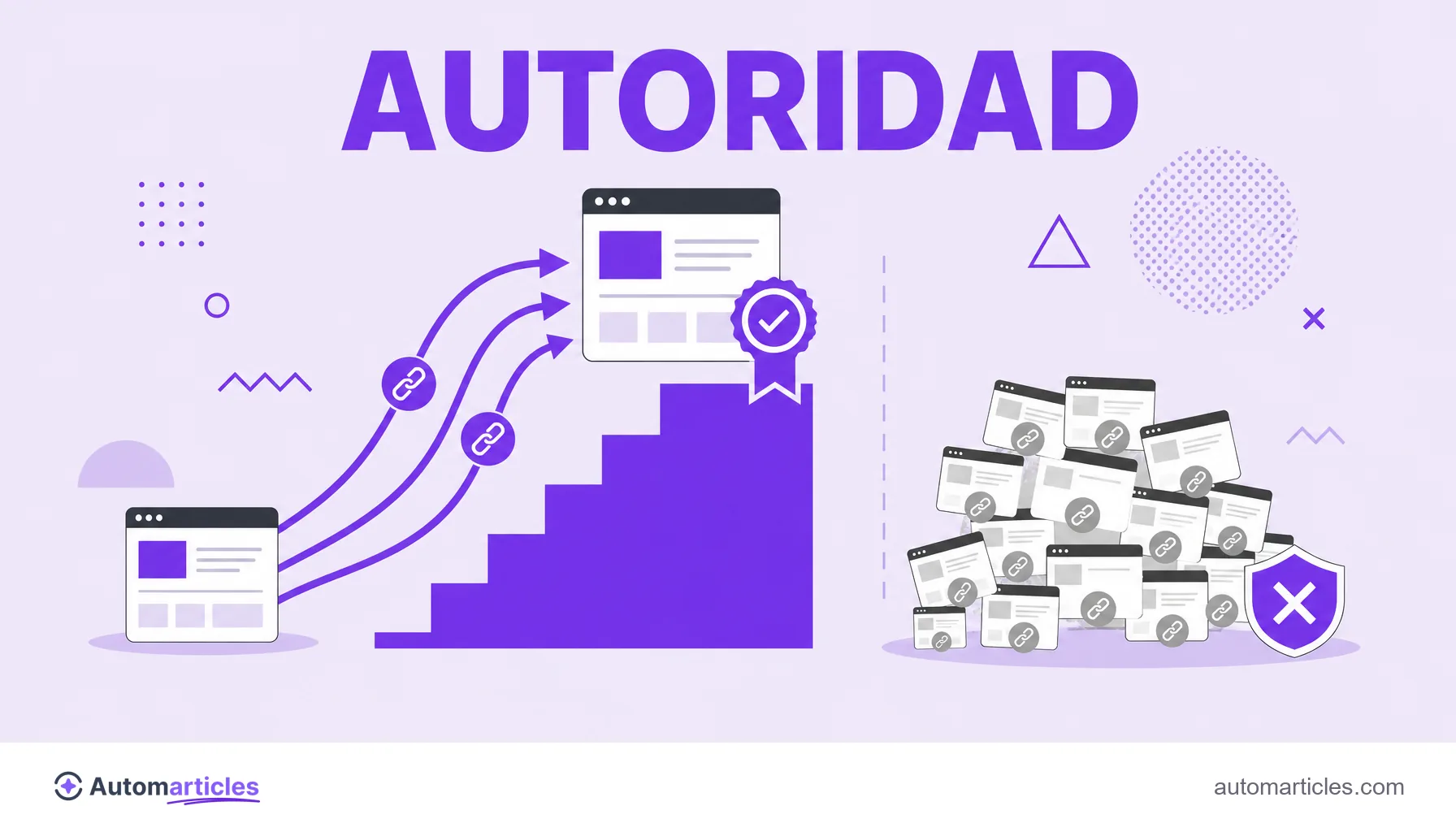Ilustración de un sitio que sube en autoridad tirado por enlaces fuertes de calidad, mientras los enlaces de spam son bloqueados por un escudo.