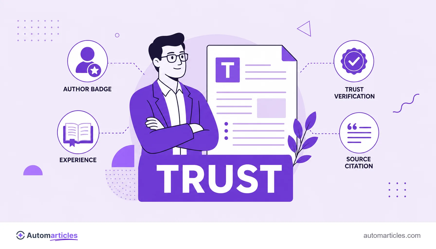 Illustration of an expert author next to credibility icons such as a badge, a book and a verification seal, representing the E-E-A-T that supports topical authority.