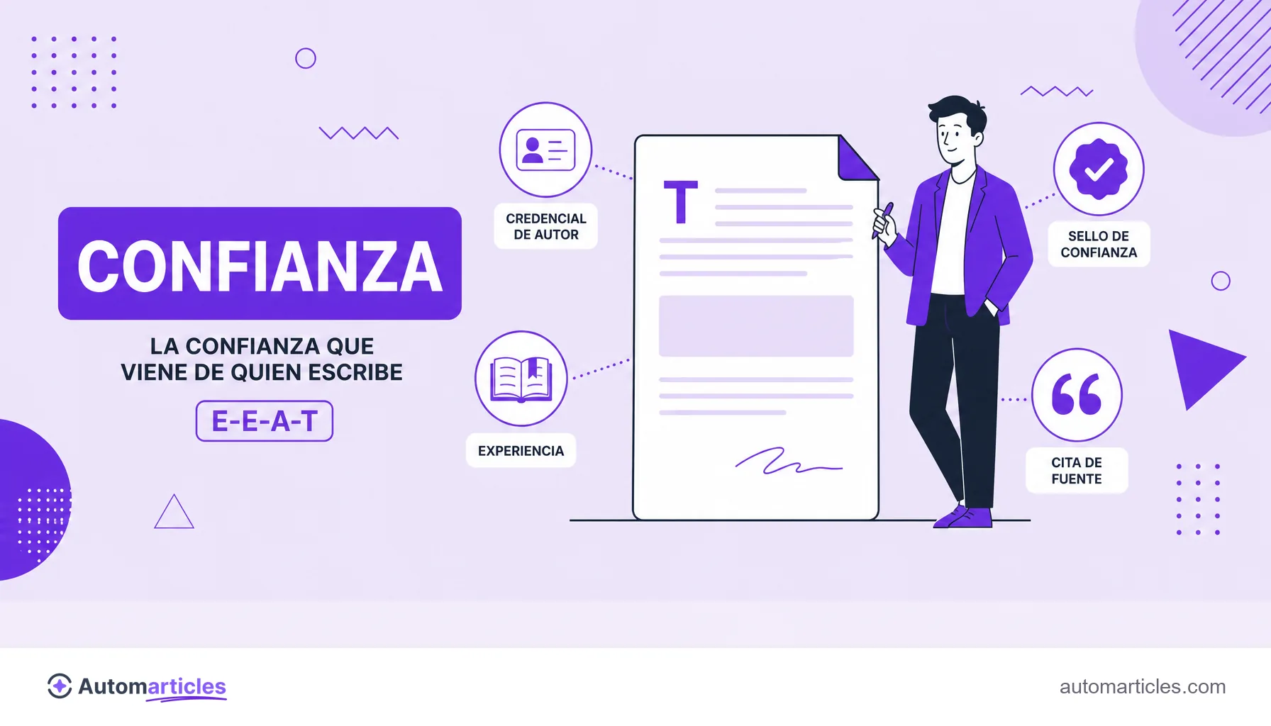 Ilustración de un autor especialista al lado de iconos de credibilidad como credencial, libro y sello de verificación, que representa el E-E-A-T que sostiene la autoridad tópica.