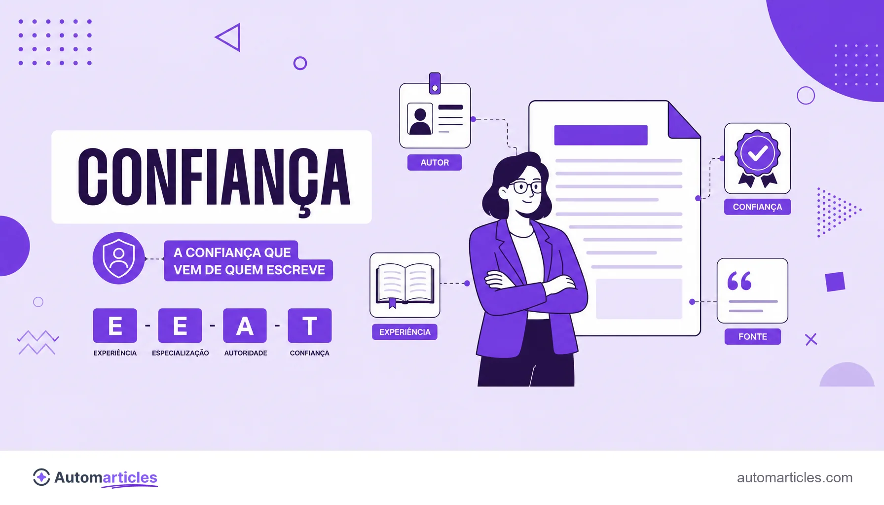 Ilustração de um autor especialista ao lado de ícones de credibilidade como crachá, livro e selo de verificação, representando o E-E-A-T que sustenta a autoridade tópica.