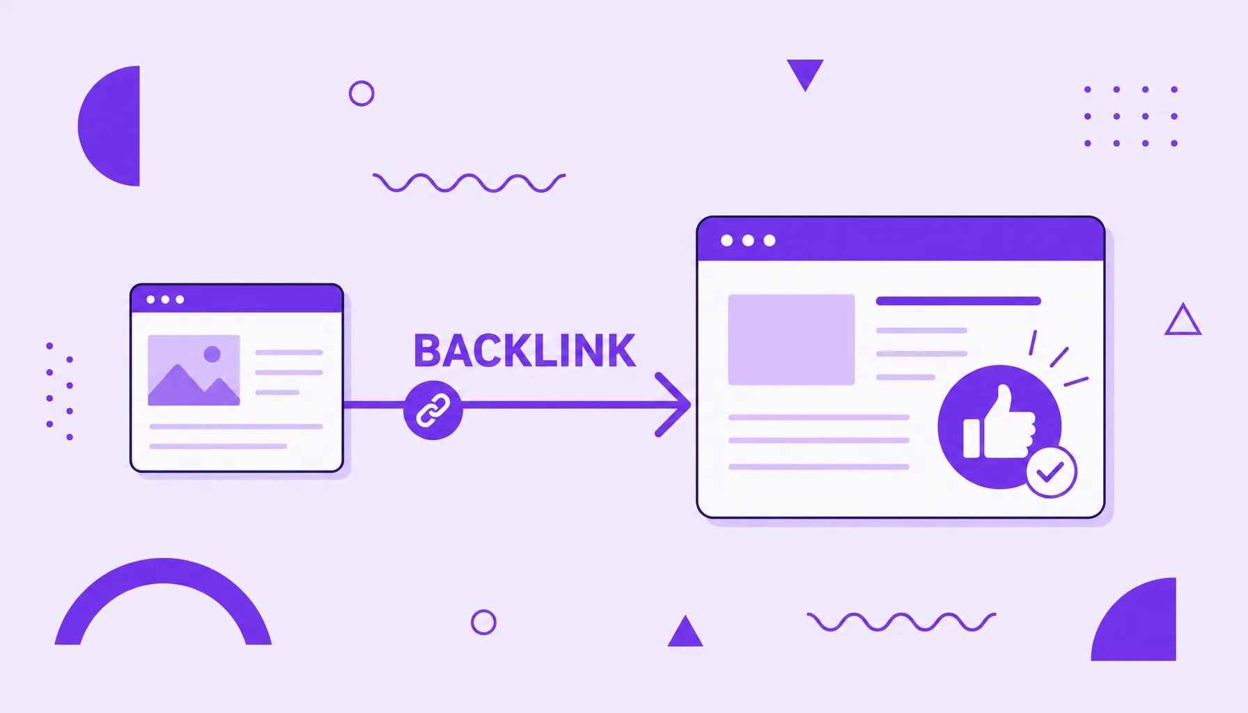 Illustration of two websites connected by a link arrow, with an approval badge, representing a backlink as a vote of confidence.