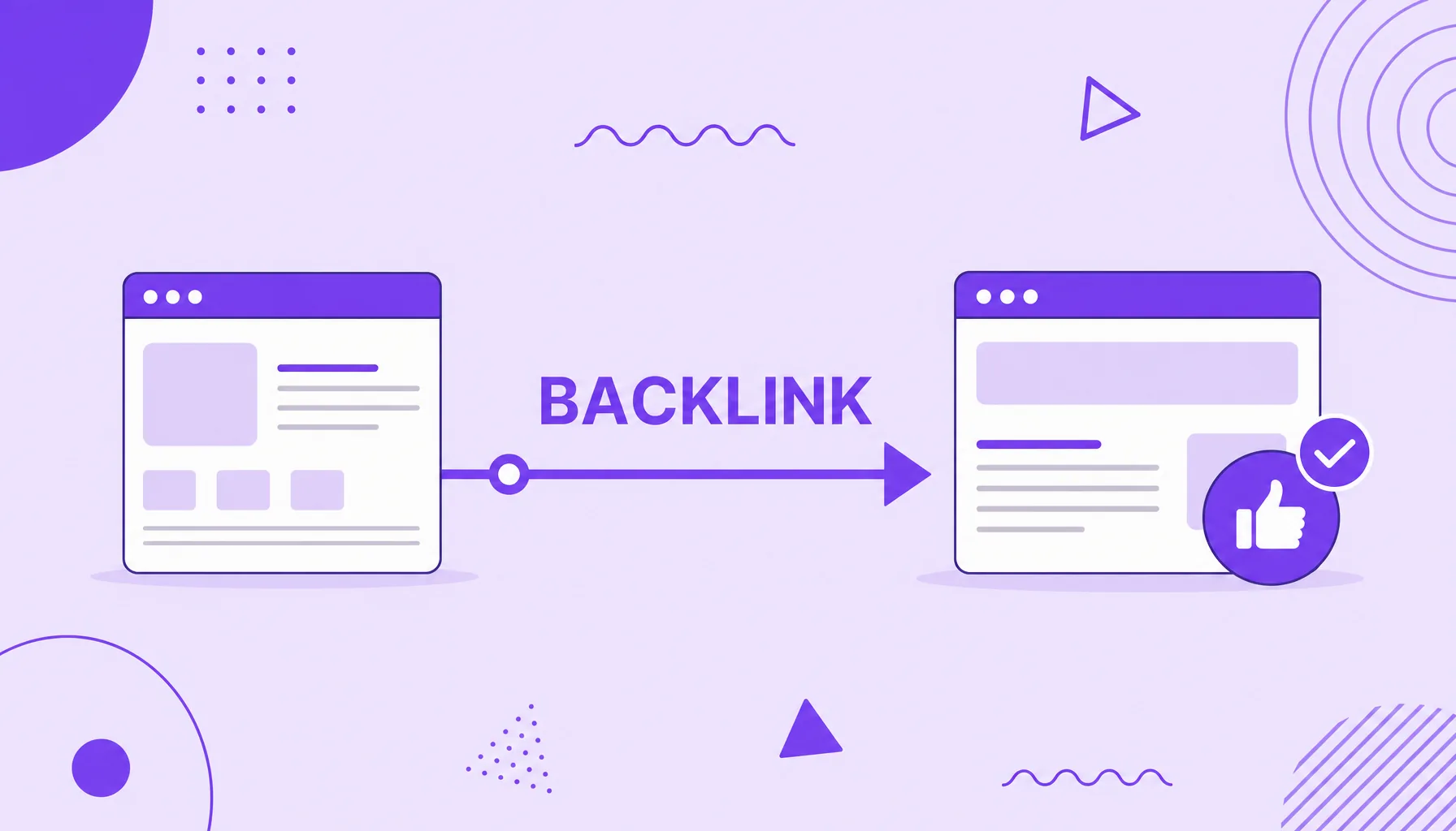 Ilustración de dos sitios web conectados por una flecha de enlace, con un sello de aprobación, que representa un backlink como voto de confianza.