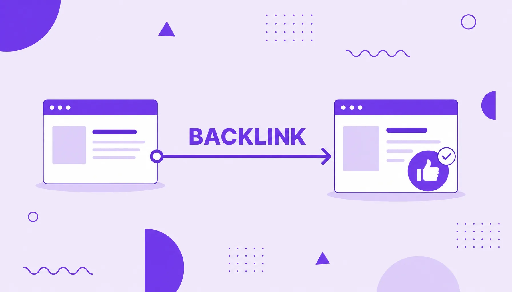 Ilustração de dois sites conectados por uma seta de link, com um selo de aprovação, representando um backlink como voto de confiança.