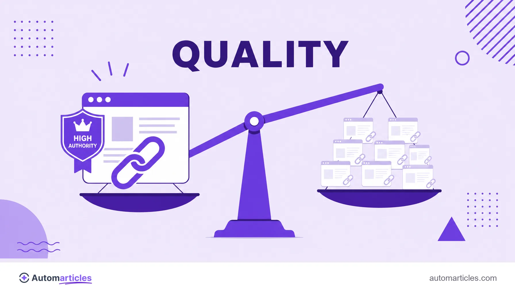 Illustration of a scale tipping toward a single strong backlink instead of many weak links, showing quality over quantity.