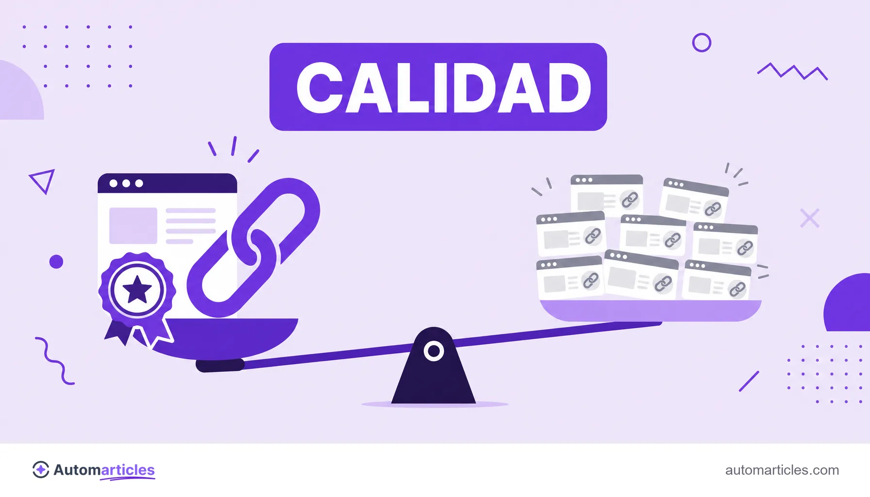 Ilustración de una balanza que se inclina hacia un único backlink fuerte en lugar de varios enlaces débiles, que muestra la calidad por encima de la cantidad.