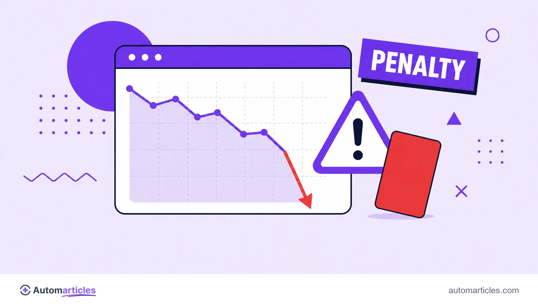 Illustration of a browser window with a plunging traffic chart and a red card, representing a site penalized for black hat SEO.