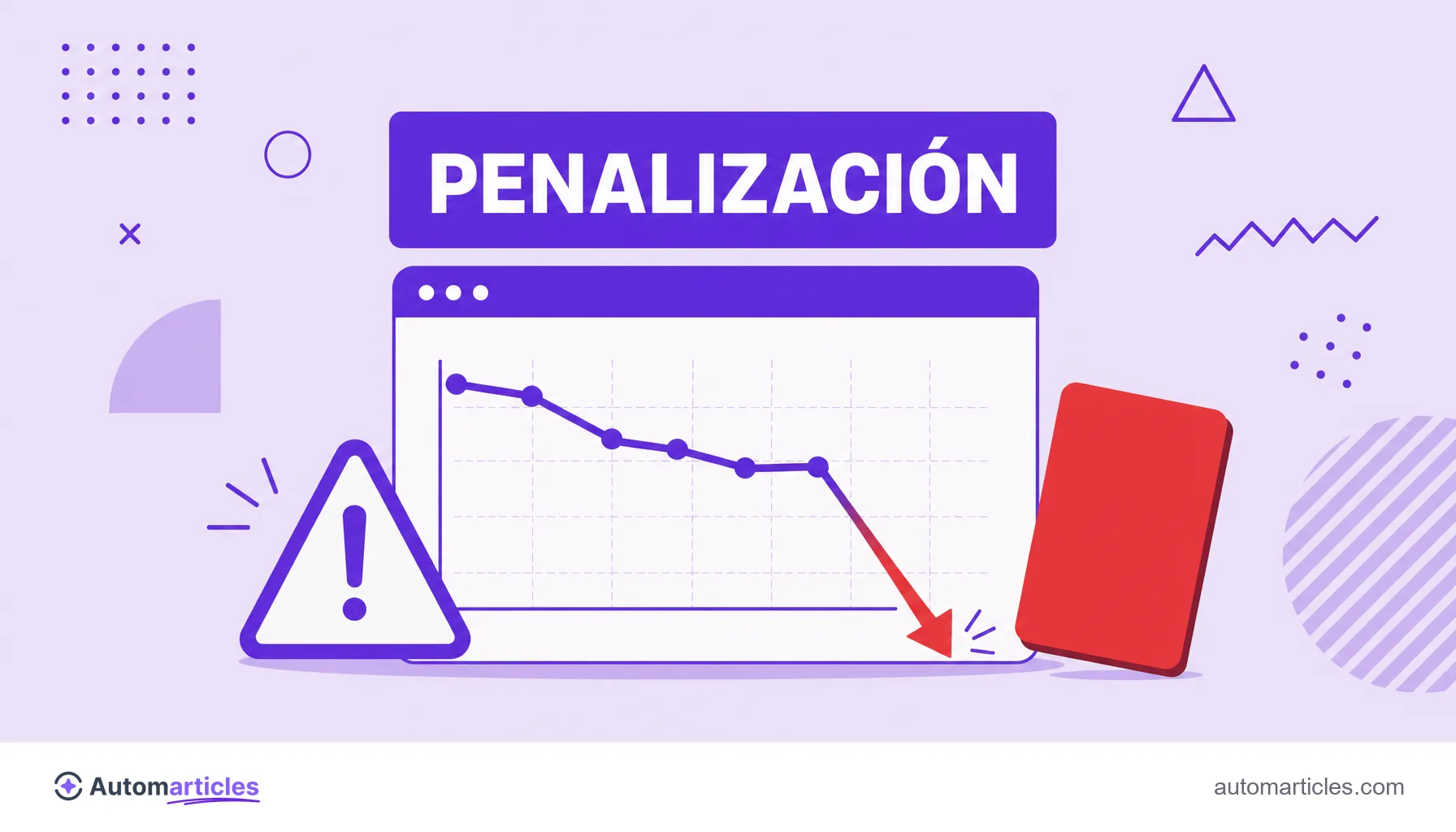 Ilustración de una ventana de navegador con un gráfico de tráfico desplomándose y una tarjeta roja, que representa la penalización de un sitio por black hat SEO.