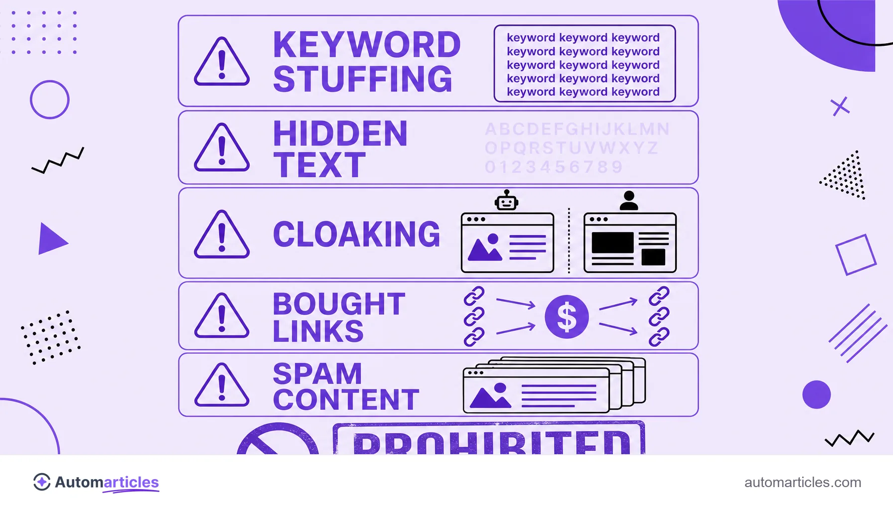 Infographic of the main black hat SEO techniques (keyword stuffing, hidden text, cloaking, bought links and spam content) with a prohibition sign indicating penalty risk.