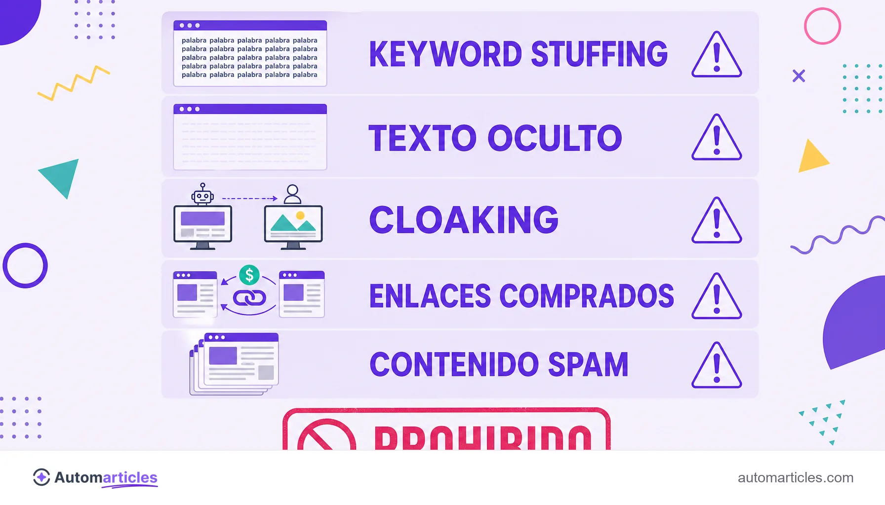 Infografía de las principales técnicas de black hat SEO (keyword stuffing, texto oculto, cloaking, enlaces comprados y contenido spam) con una señal de prohibido que indica riesgo de penalización.