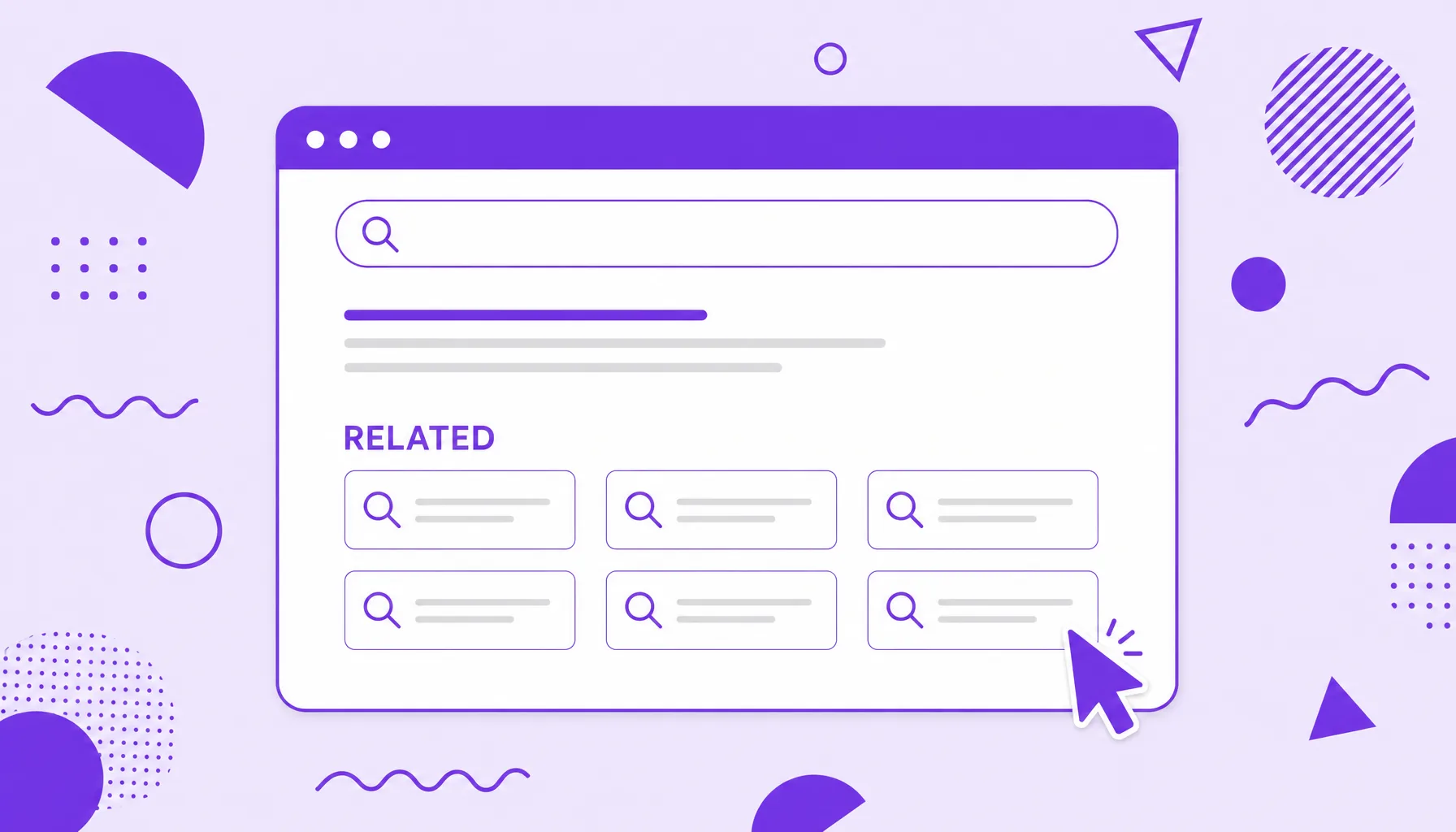 Illustration of a browser window with a grid of suggestion boxes at the bottom, representing Google related searches.