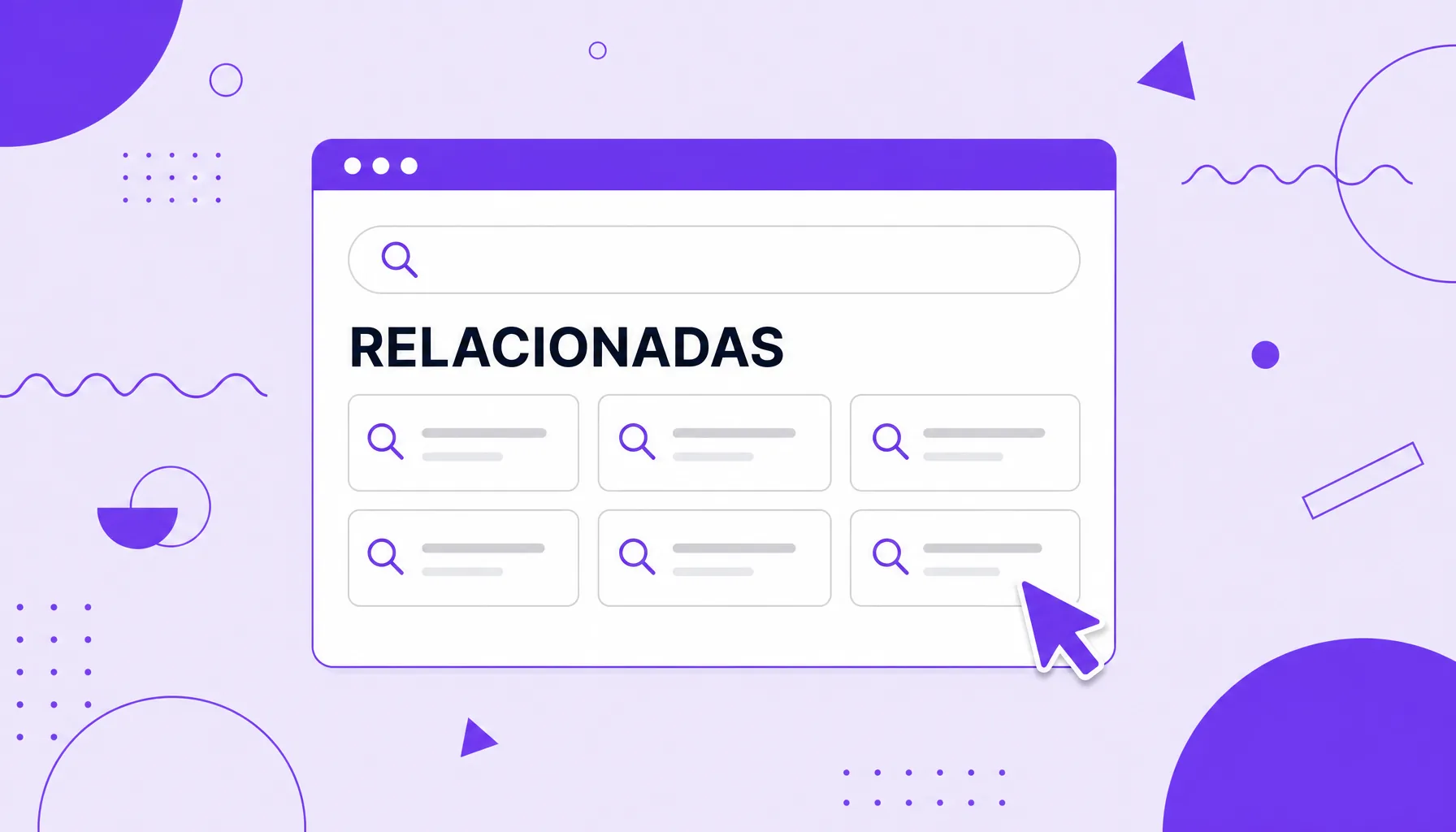 Ilustración de una ventana de navegador con una cuadrícula de cajas de sugerencias al pie, que representa las búsquedas relacionadas de Google.