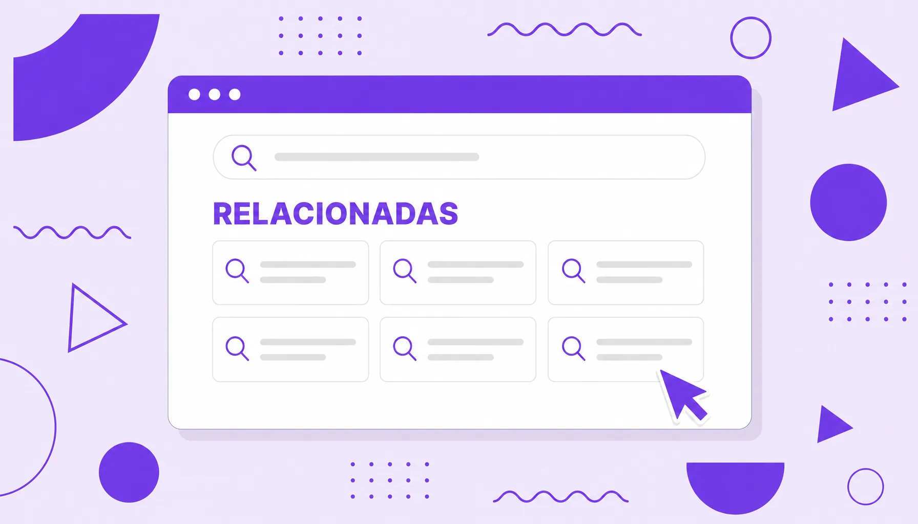 Ilustração de uma janela de navegador com uma grade de caixas de sugestões no rodapé, representando as buscas relacionadas do Google.