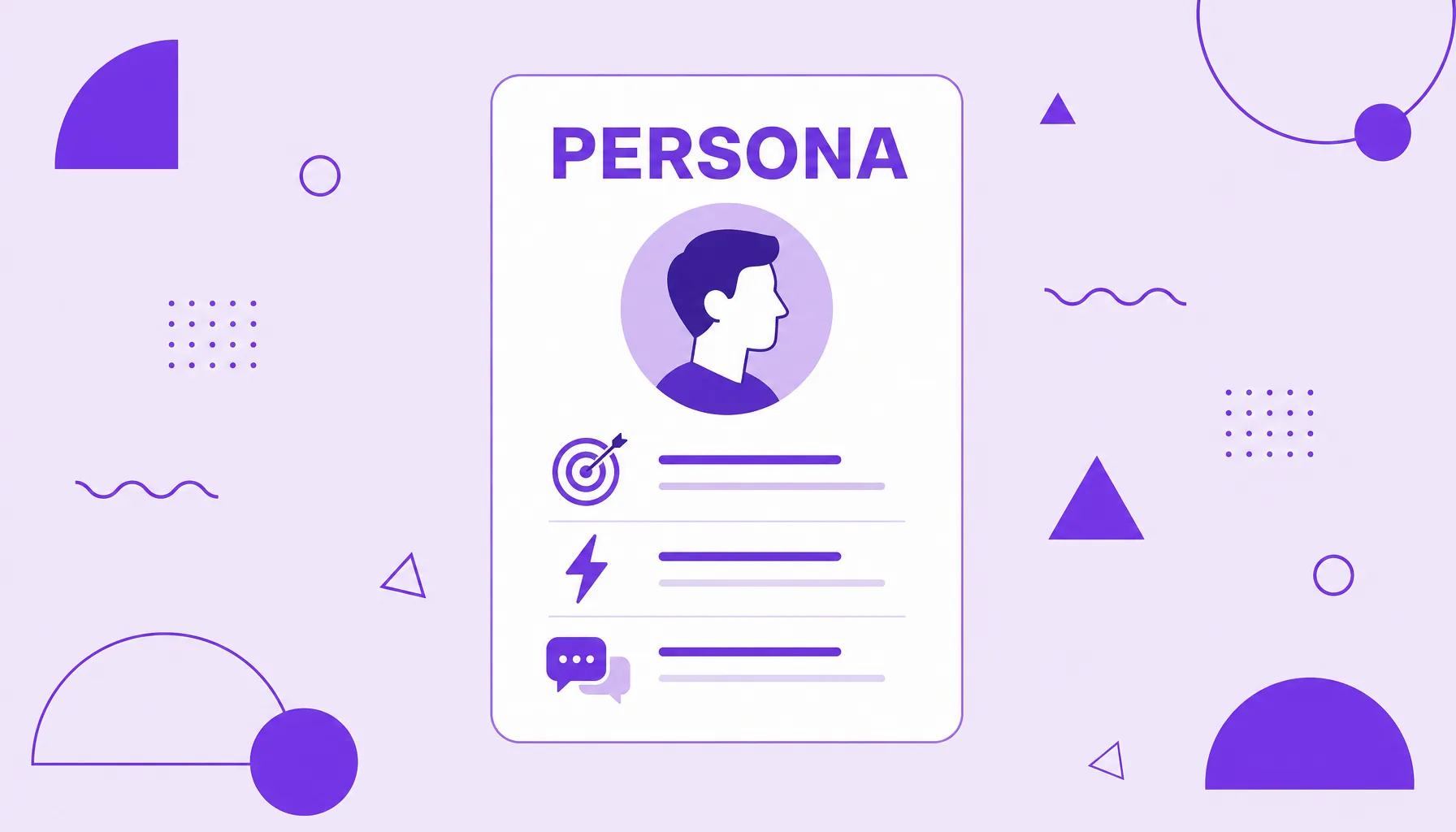 Ilustração de um cartão de perfil de cliente com avatar e ícones de objetivos, dores e canais, representando uma buyer persona.