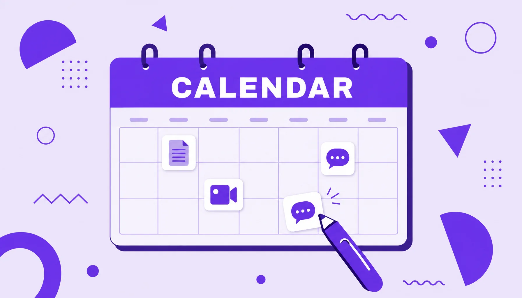 Illustration of a calendar grid with article, video and post cards marked on dates, representing the editorial calendar.