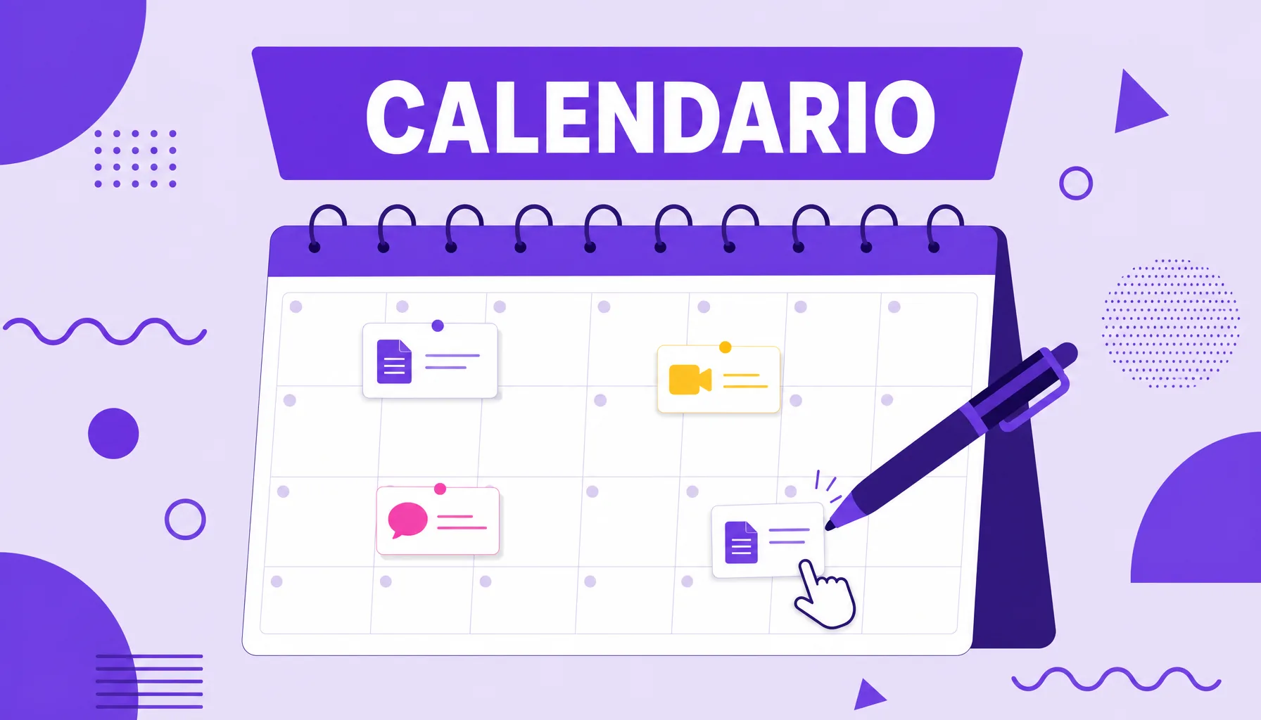 Ilustración de una cuadrícula de calendario con tarjetas de artículo, vídeo y post marcadas en fechas, que representa el calendario editorial.