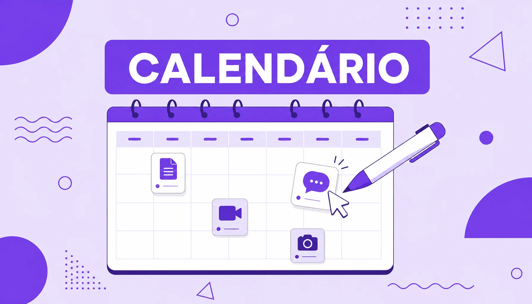 Ilustração de uma grade de calendário com cartões de artigo, vídeo e post marcados em datas, representando o calendário editorial.