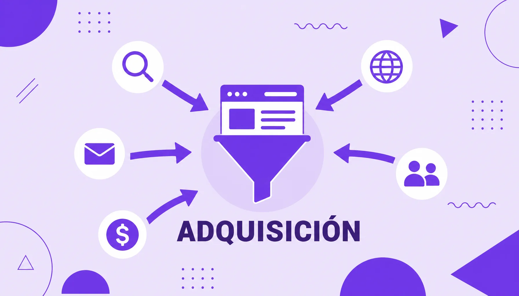 Ilustración de un sitio en el centro recibiendo flechas de búsqueda, redes sociales, email, anuncios y recomendación, que representa los canales de adquisición.