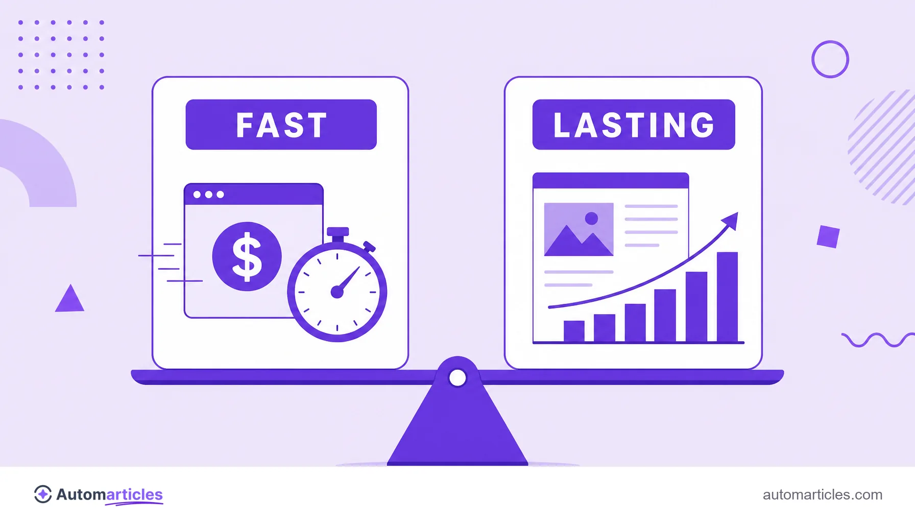 Illustration comparing a fast paid acquisition channel with a lasting organic channel, to choose the best balance.