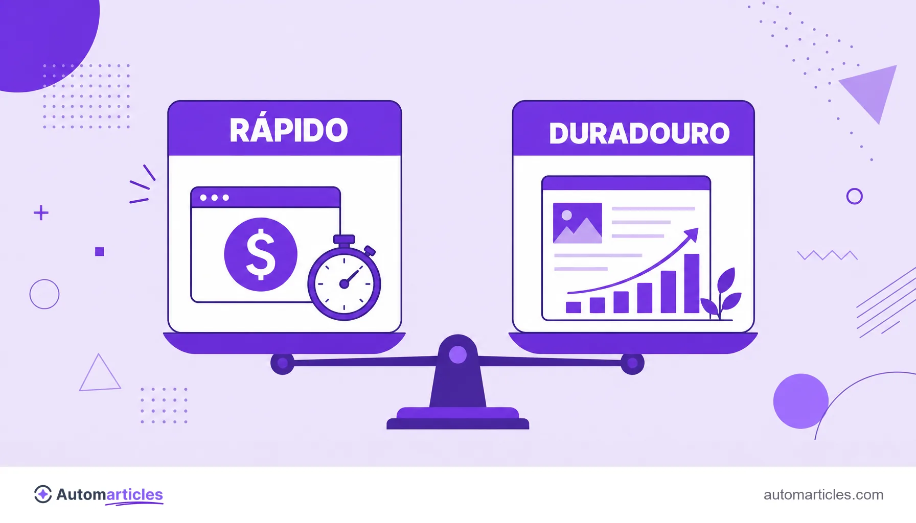 Ilustração comparando um canal de aquisição rápido e pago com um canal orgânico duradouro, para escolher o melhor equilíbrio.