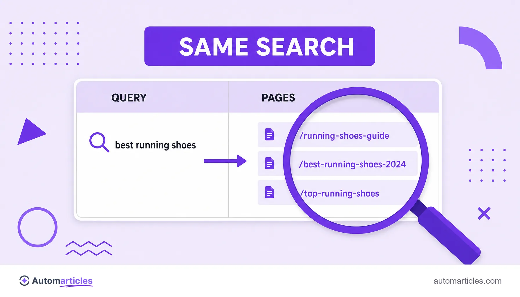 Illustration of a report showing the same query linked to several URLs of a site, representing the identification of keyword cannibalization.