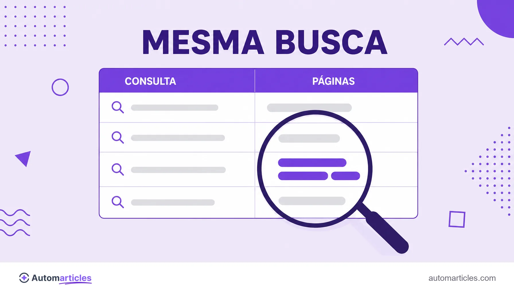Ilustração de um relatório mostrando a mesma consulta ligada a várias URLs de um site, representando a identificação da canibalização de palavra-chave.