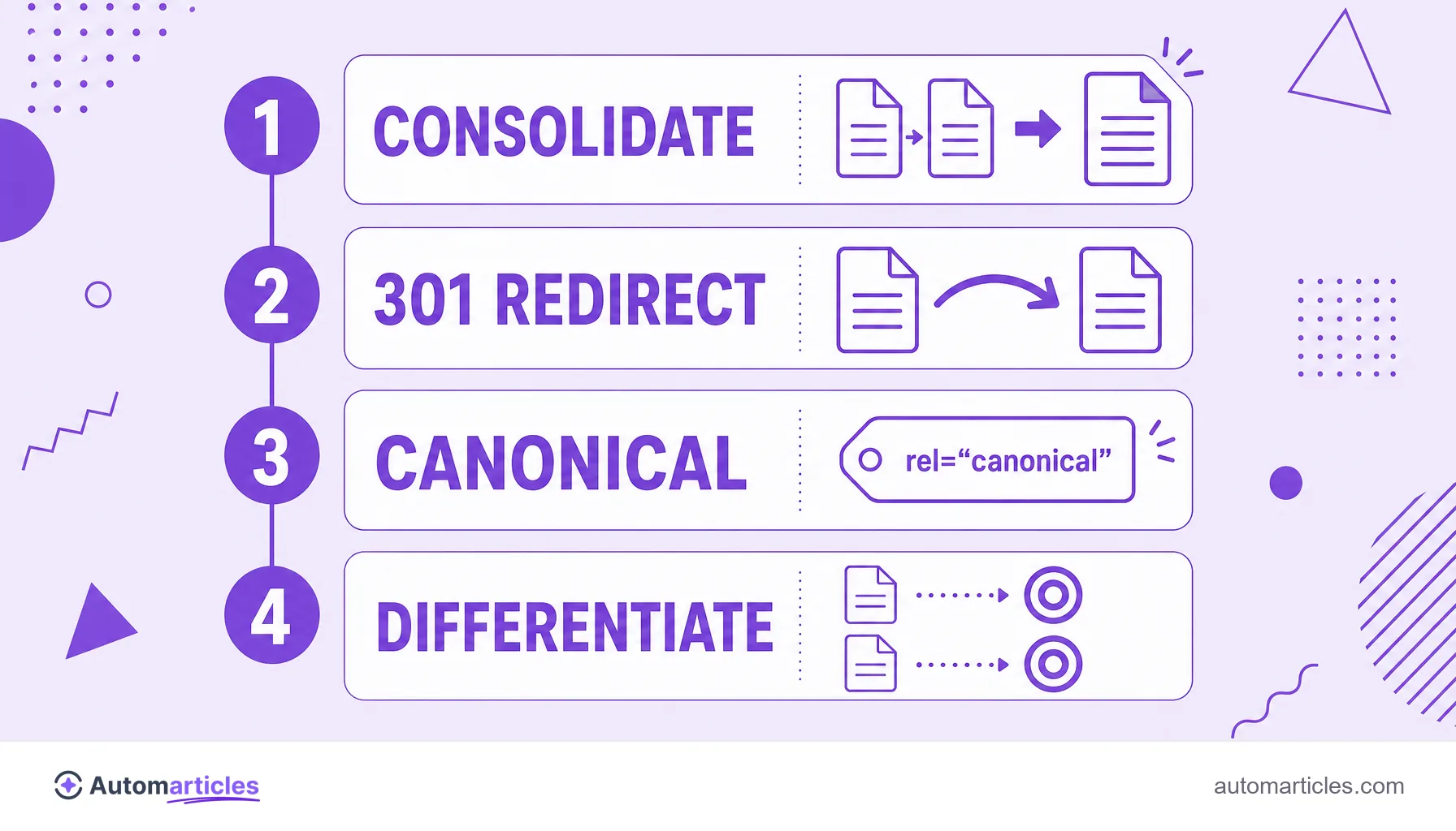 Infographic of the ways to fix keyword cannibalization: consolidate, 301 redirect, canonical and differentiate the intent.