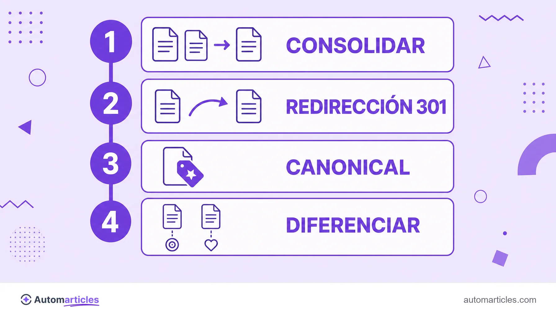 Infografía de las formas de resolver la canibalización de palabra clave: consolidar, redirección 301, canonical y diferenciar la intención.