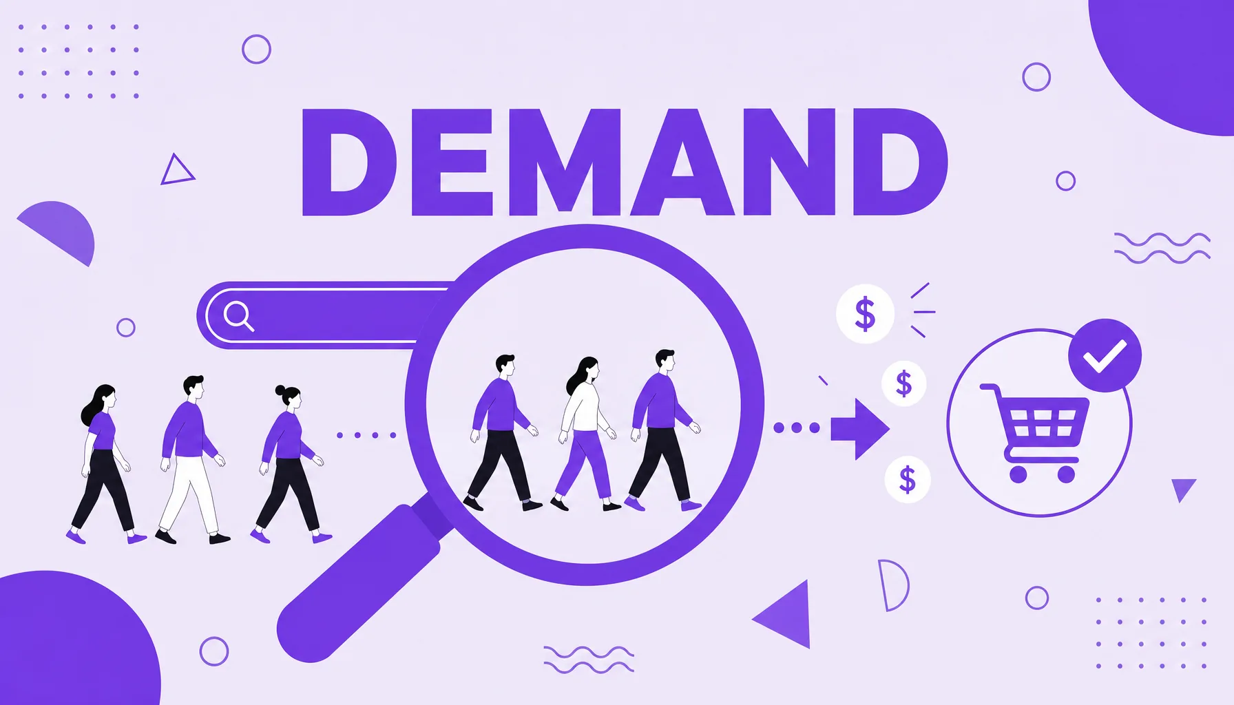 Illustration of a magnifying glass catching decisive people heading toward a buy button, representing demand capture.